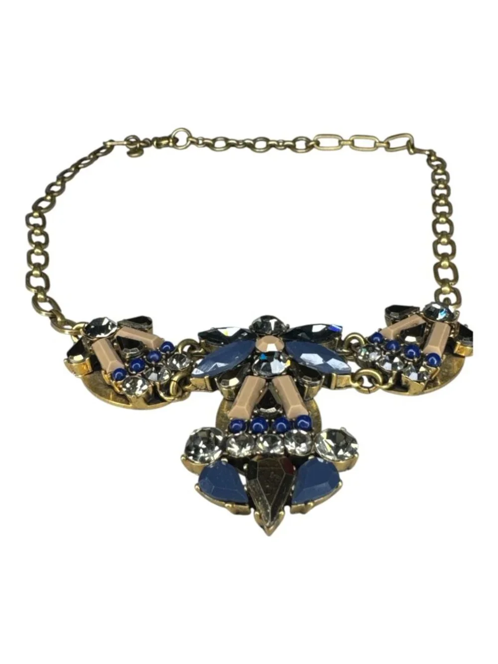 J.Crew Statement Necklace Blue Rhinestone Crystal Gold Tone Bib Necklace 16